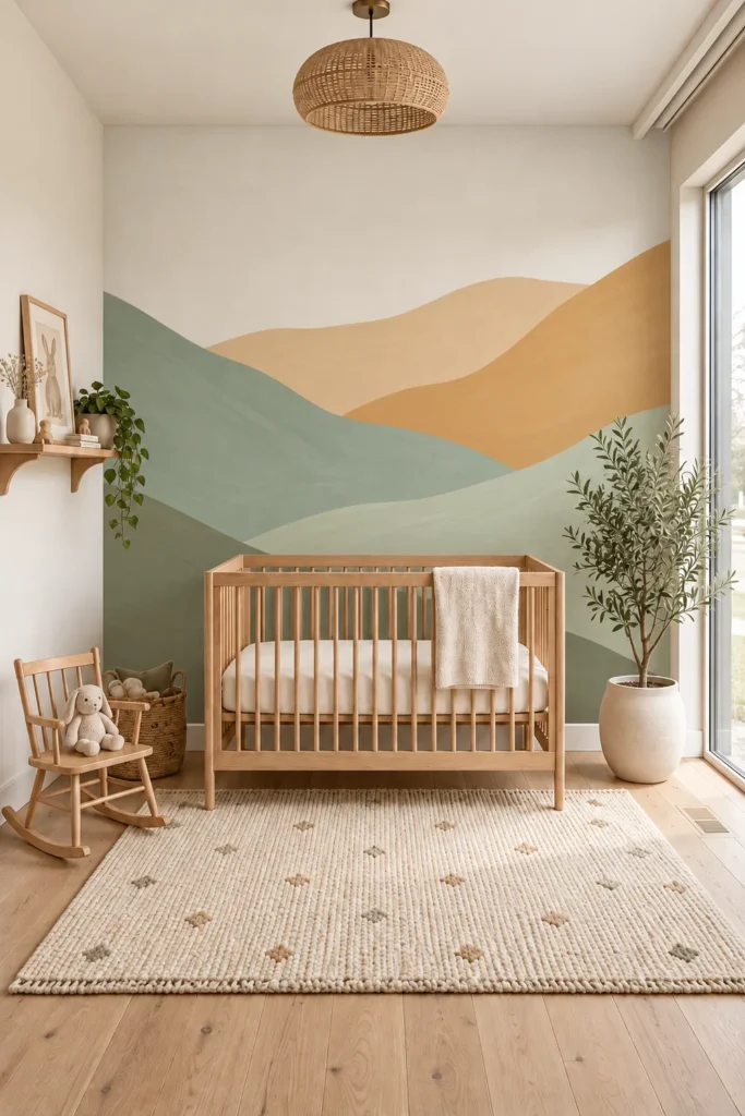Abstract Layered Rolling Hills in Sage Green Olive and Ochre Wallpaper Mural behind a wooden crib in a sunlit Scandinavian nursery with a rattan pendant.