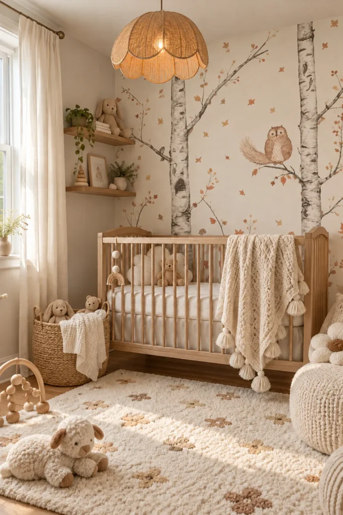 Watercolor Birch Tree Forest with Woodland Owl and Falling Autumn Leaves Nursery Wall Mural behind an oak crib in a Scandinavian nursery with a rattan pendant and cream rug.