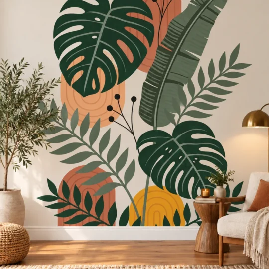 Sunlit sitting area featuring a boho tropical monstera banana leaf mural with abstract arches yellow sun birds and leafy branches behind an ivory armchair and wooden side table.
