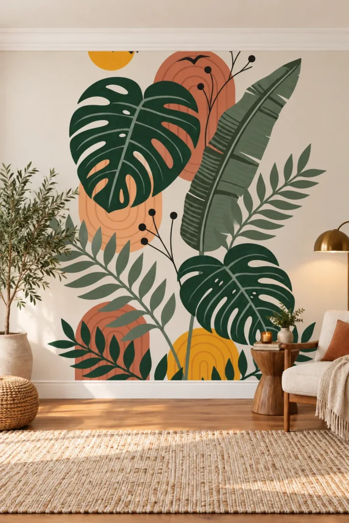 Sunlit sitting area featuring a boho tropical monstera banana leaf mural with abstract arches yellow sun birds and leafy branches behind an ivory armchair and wooden side table.