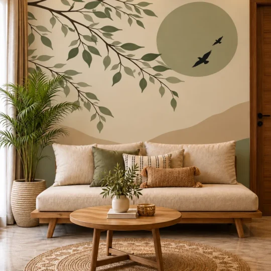 Warm living room featuring a minimalist sage green tree branch sun birds rolling mountain landscape wall mural behind a cream sofa, with a round wood table, woven rug, and palm.