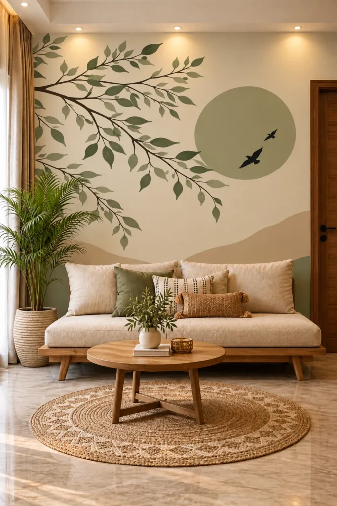 Warm living room featuring a minimalist sage green tree branch sun birds rolling mountain landscape wall mural behind a cream sofa, with a round wood table, woven rug, and palm.