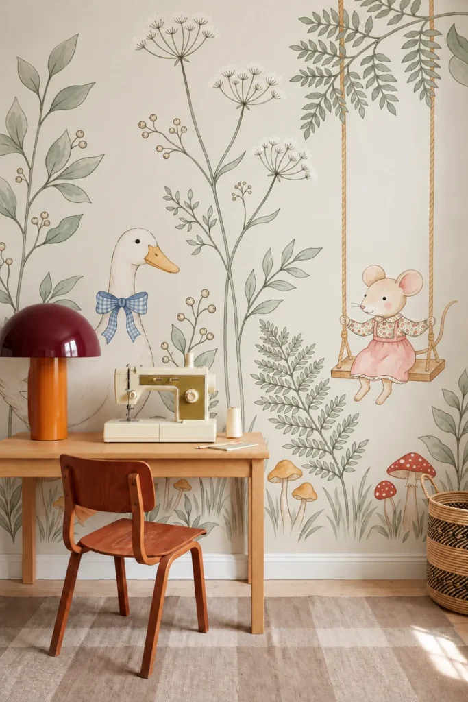 Whimsical Goose and Swinging Mouse Botanical Woodland Wallpaper Mural behind a wooden sewing desk in a sunlit Scandinavian nook with a vintage sewing machine and burgundy dome lamp.